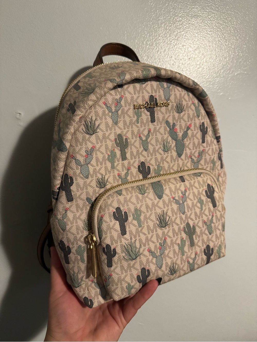 Michael Kors Beige Mini Backpack with Green and Black Cactus Print